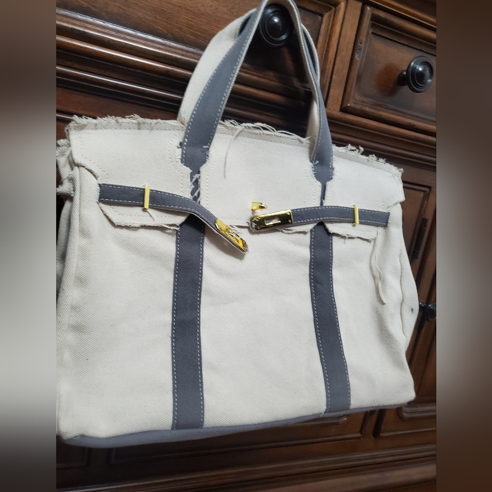 Canvas Disstresed  Tote with Gray Straps Handmade Handle Bag.